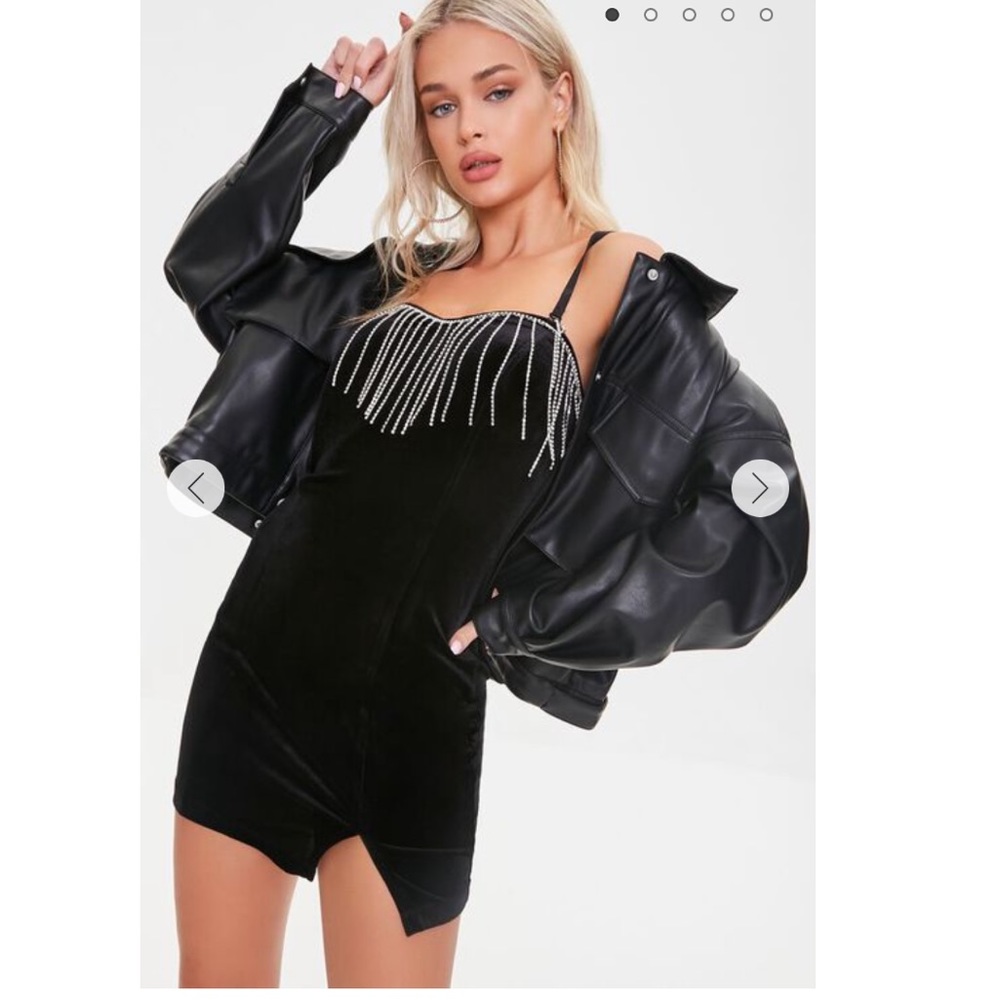 Strapless Velvet Rhinestone Fringe Black Mini Dress Xs